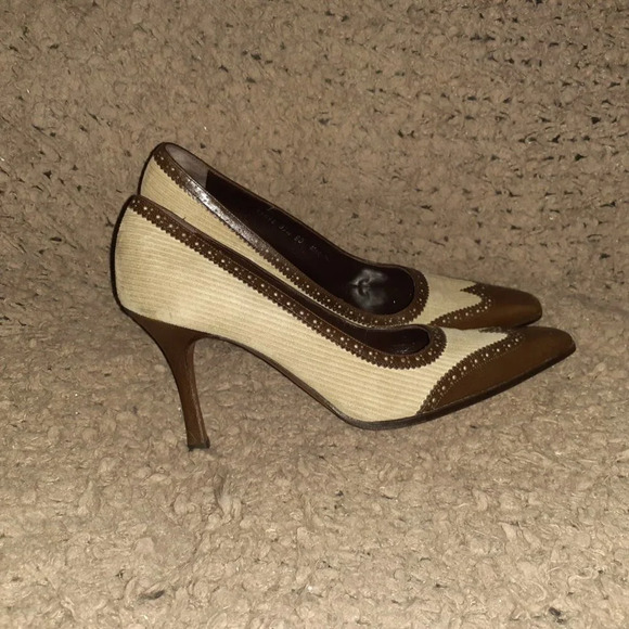 LAMBERTSON TRUEX-Brown Leather-Beige Suede-Snip Toe Brogue Pump-Sz37.5-Excellent - Picture 4 of 7